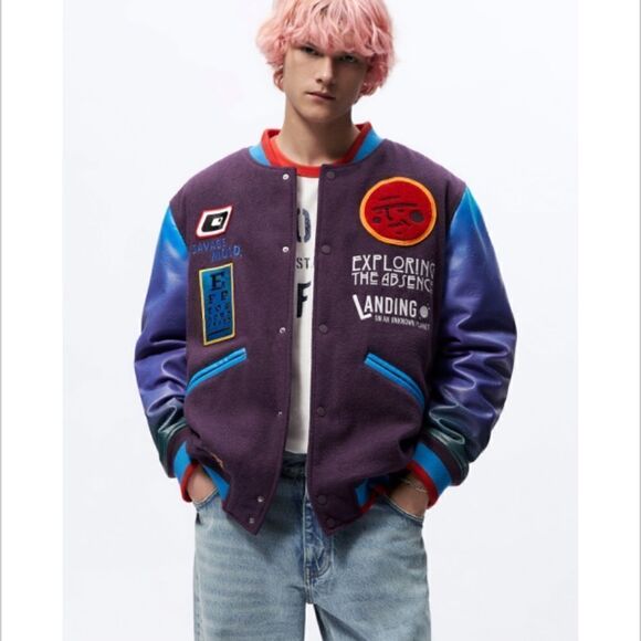 Zara Sz M NWOT COMBINATION PATCHES BOMBER JACKET unisex - Picture 1 of 10